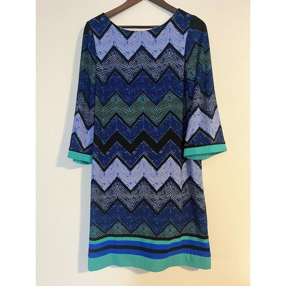 Eliza J Women’s 10 Geometric Chevron Blue 3/4 Sleeve Shift‎ Knee Length Dress